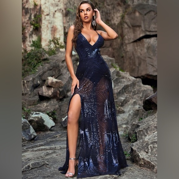 Giffniseti plumging Neck lace up blackless split thigh sequins formal evening. - Picture 4 of 6